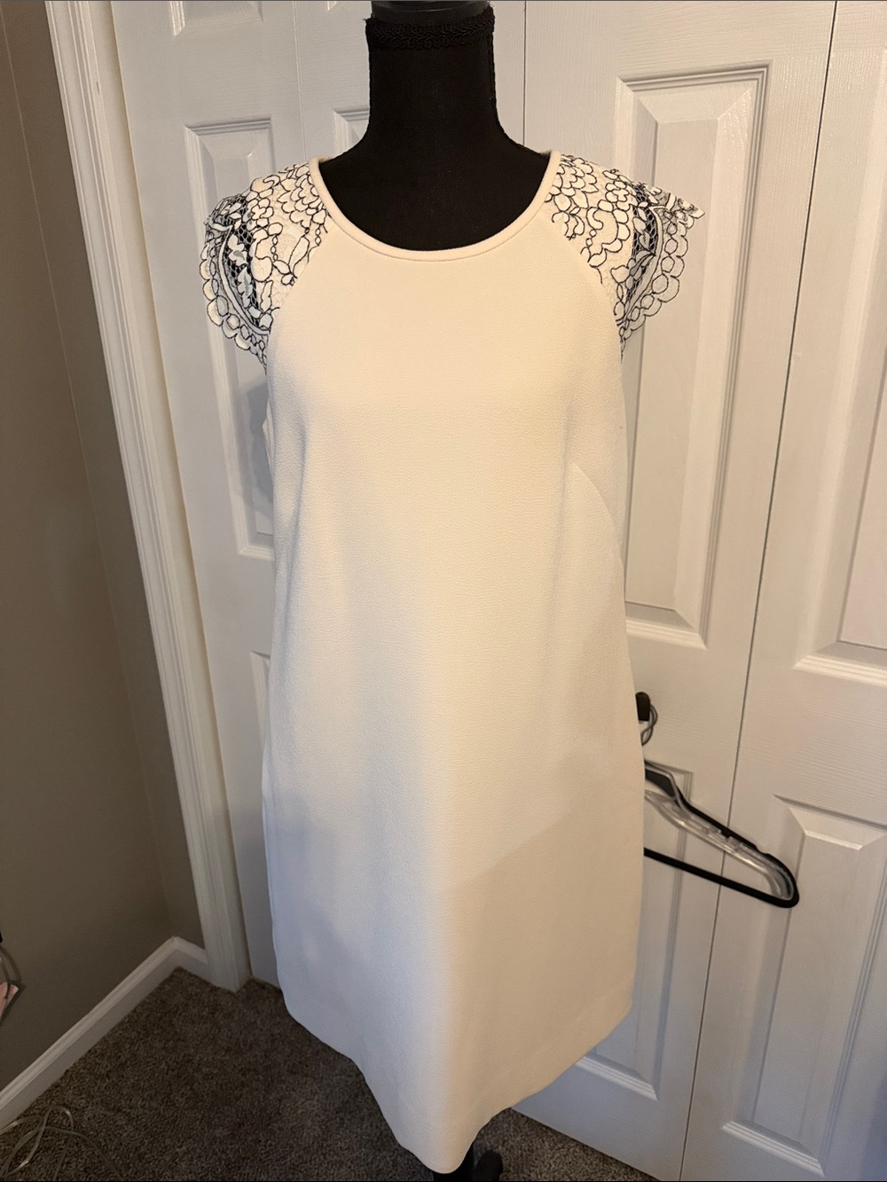 J. Crew White Shift Dress with Black Embroidered Cap Sleeves
